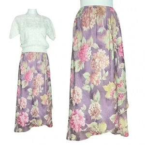 Vintage 90s Purple Floral Cottagecore Fairy Chiffon Ruffle Midi Skirt. Medium.